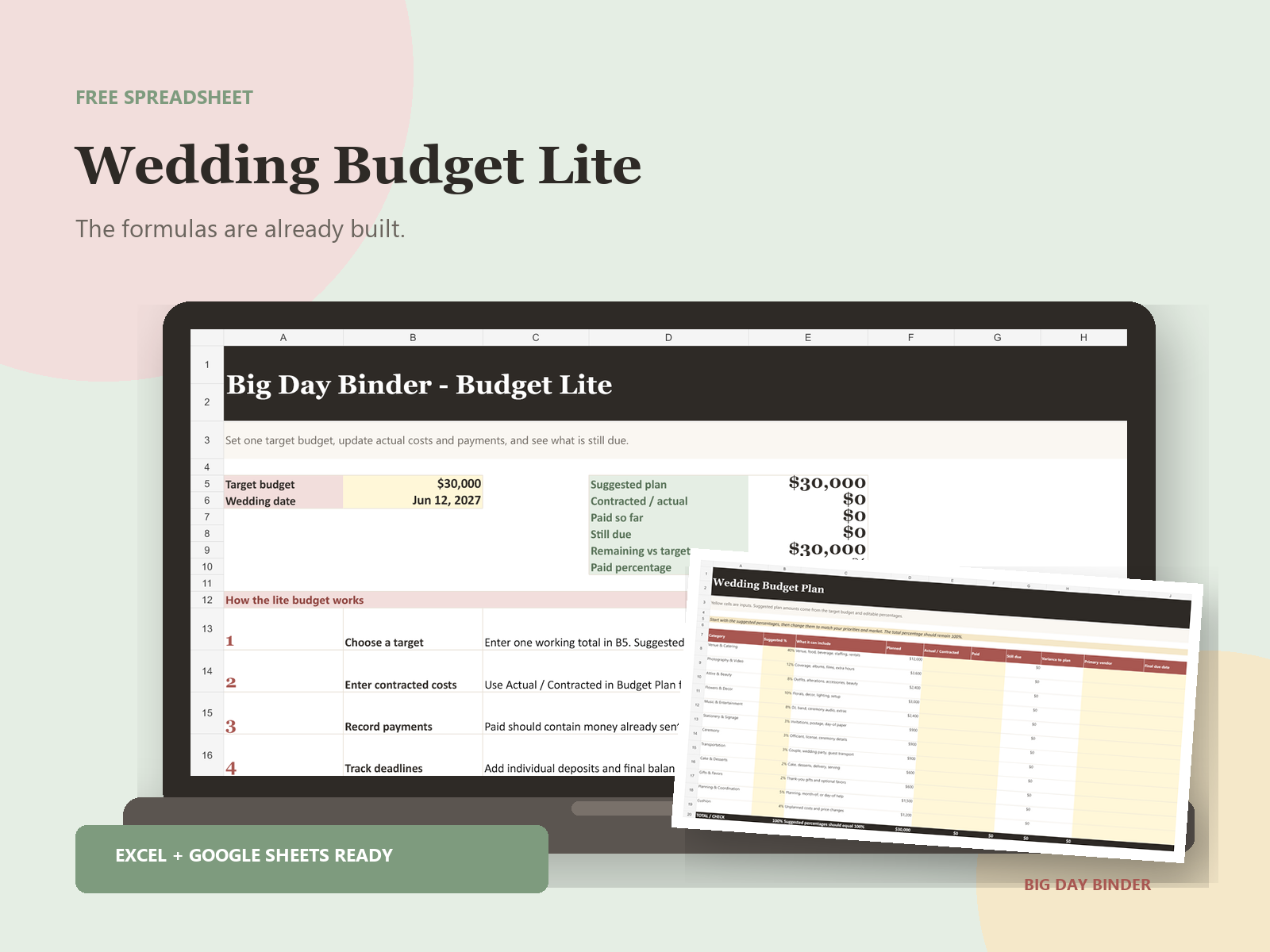 Wedding Budget Lite spreadsheet dashboard and budget plan preview