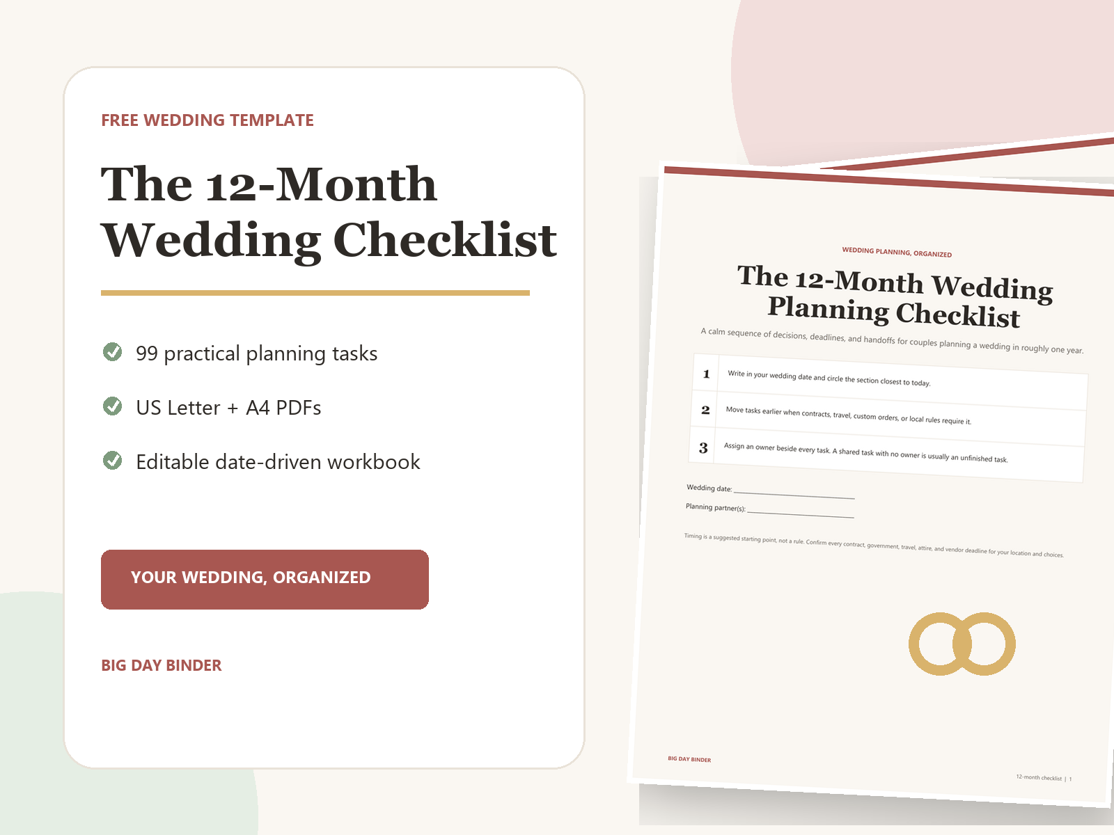 12-month wedding checklist PDF and editable workbook preview